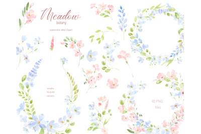 Watercolor Meadow floral clipart, Pink and Blue Floral Clipart, Spring