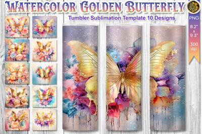 Gold Butterfly Tumbler Wrap Sublimation PNG