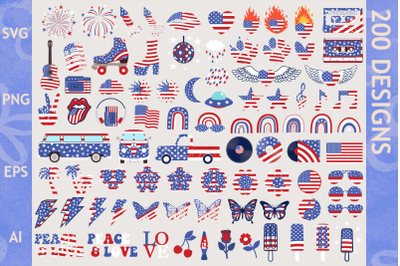 150 Retro 4th of July Clipart and SVG Cut Files, Groovy 4th of July.