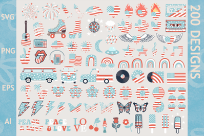 150 Retro 4th of July Clipart Pastel and SVG Cut Files, Groovy .