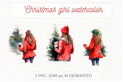 Turning back Christmas girl in red watercolor