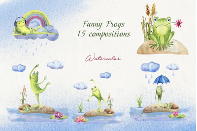 Funny Frogs. 15 Watercolor Compositions