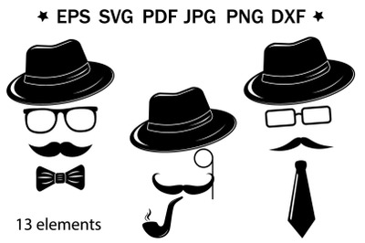 Male image in a hat and mustache, set of accessories, svg