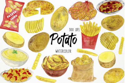 Watercolor Potato Clipart, Chips Clipart, Fries Clipart, Food