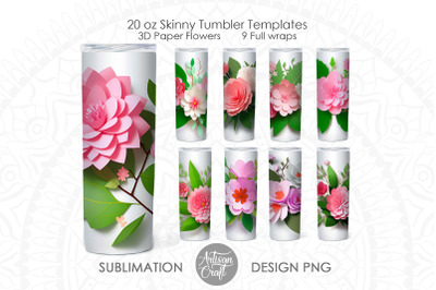 3D Tumbler wrap bundle, 3D pink paper flowers, 20oz skinny tumbler