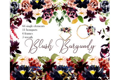 Blush Burgundy Watercolor Clipart Floral Bouquets, Marsala Png Set, We