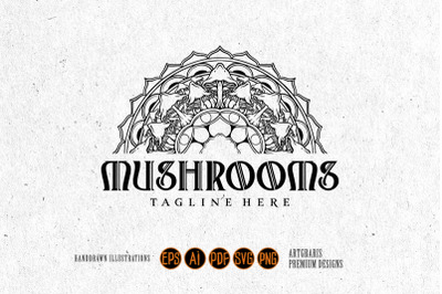 Mandala trippy mushrooms intricate half logo illustrations monochrome