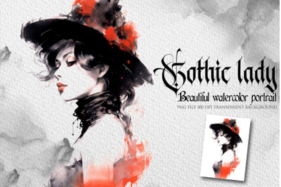 Gothic lady watercolor portrait clipart