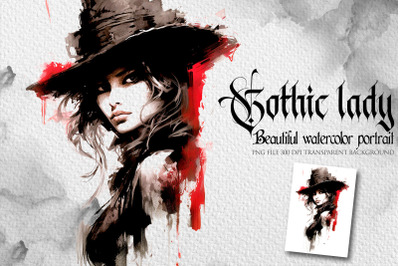 Gothic lady watercolor portrait clipart