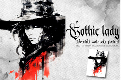 Gothic lady watercolor portrait clipart