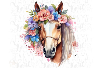 Floral Horse Png Watercolor Animal for Planner Stickers, Horse&#039;s Head