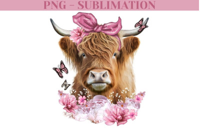 Cow With Pink Flowers Png For Sublimation