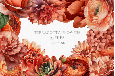Terracotta flowers Watercolor Clipart PNG - boho wedding autumn fall