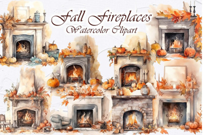 Autumn Fireplace Watercolor Clipart. Halloween