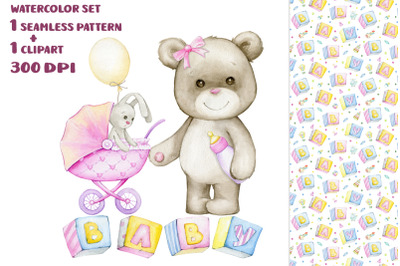 Teddy bear, bunny, watercolor set, clipart digital paper, baby girl cl