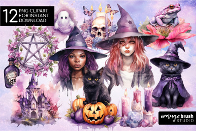 Purple Witch Clipart Halloween Sublimation Bundle