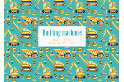 Building machines watercolor seamless pattern. Kid toys, cars.