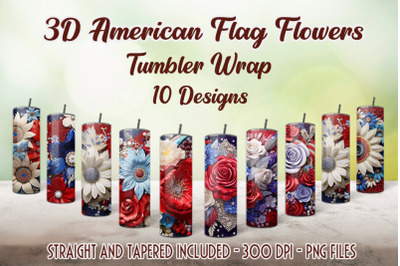 3D American Flag Flowers Tumbler Wrap