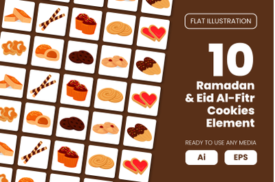 Collection of Ramadan and Eid Al-Fitr Cookies in Flat Illustration