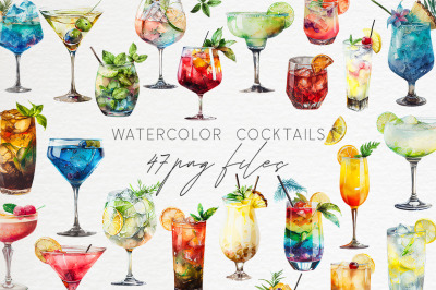 Watercolor cocktails clipart PNG files