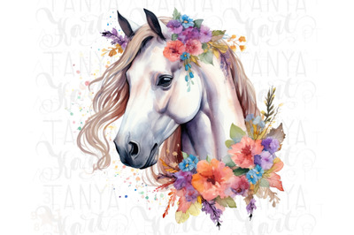 White Horse With Flowers Png for Sublimation