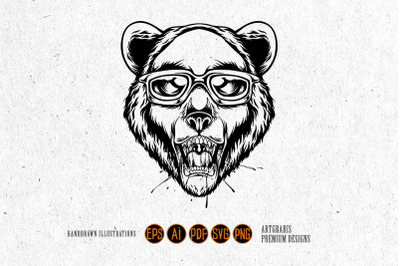 Cute bear head wearing stylish sunglasses logo illustrations monochrom