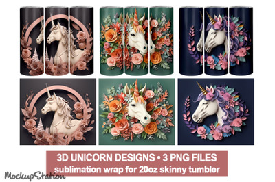 3D Unicorn Tumbler Wrap PNG Bundle | Sublimation for 20oz Skinny
