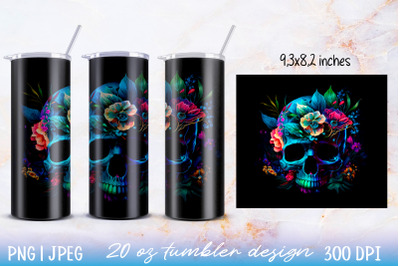 Skinny tumbler wrap illuminated skull with flowers