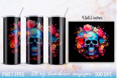 Skinny tumbler wrap illuminated skull with flowers