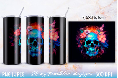 Skinny tumbler wrap illuminated skull with flowers