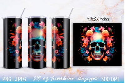 Skinny tumbler wrap illuminated skull with flowers