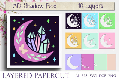3d shadow box with moon and crystals  svg
