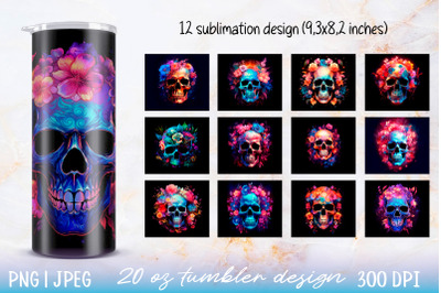 12 Skinny tumbler wrap illuminated skull with flowers