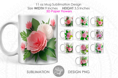 3D Flowers mug sublimation designs, 11oz mug PNG, floral mug PNG