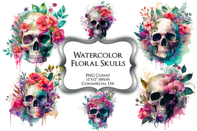 Watercolor Floral Skulls PNG Clipart