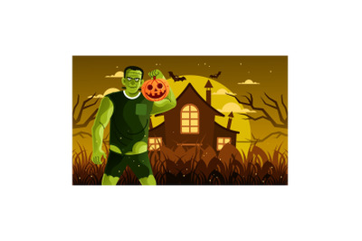 Green Frankenstein Hold Halloween Pumpkin