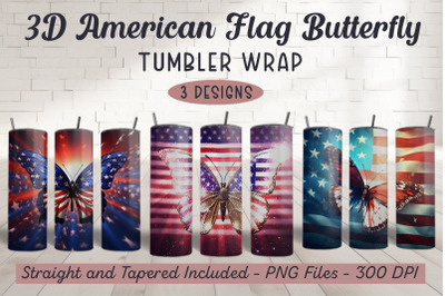 3D American Flag Butterfly Tumbler Wrap