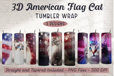 3D American Flag Cat Tumbler Wrap