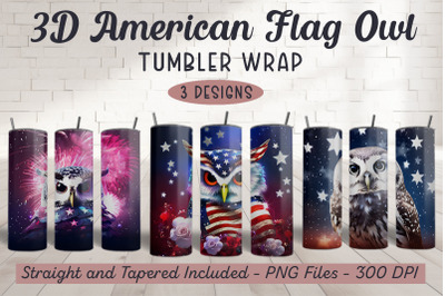 3D American Flag Owl Tumbler Wrap