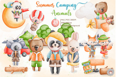 Watercolor Summer Camping Animal Clipart Sublimation