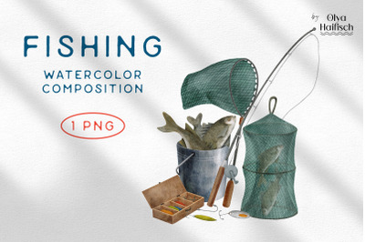 Watercolor Fishing Clipart. Fishing Net and Fish Composition