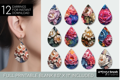 3d Flowers Teardrop Earrings Bundle, Sublimation Designs