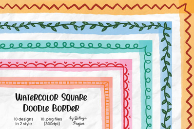 10 Watercolor Square Doodle Border, Decorative Element