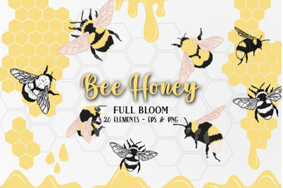 Bee Honey Clipart Vectors, Design, Illustration, Bee set, Vector