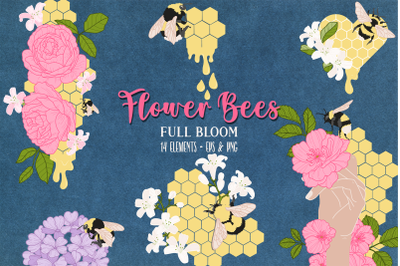 Spring Flower Bees Clipart Vectors, Design, Illustration, Bee set,
