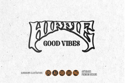 Hippie good vibes lettering word logo illustrations outline