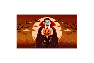 Scary Dracula Hold Halloween Pumpkin