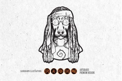 Cute hippie dog head dreadlock hair logo illustrations silhouette