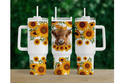 Highland Cow Png 40oz Quencher Sunflowers Tumbler Sublimation Design