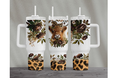 Highland Cow Png 40oz Quencher Brown Peonies Tumbler